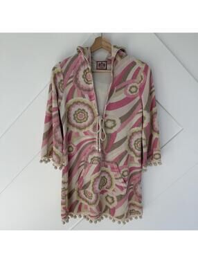 Vintage Juicy Couture Retro Patterned Hooded Poncho Sweater with Pom Pom Trim